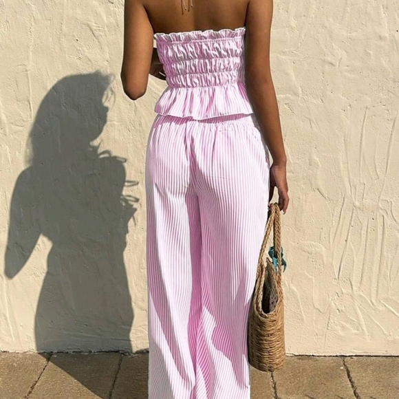 2pcs/Set Women Ruffle Trim Striped Tie Front Bustier Top And Pants - Picture 2 of 6